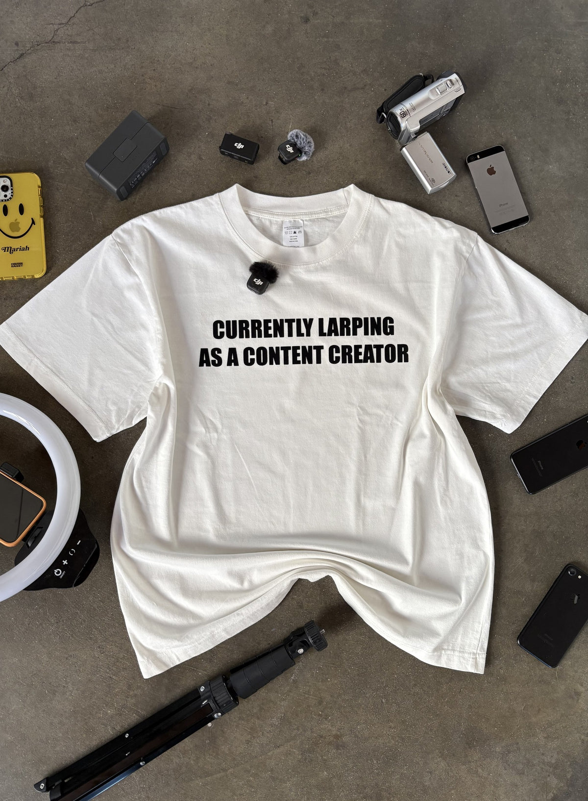 CURRENTLY LARPING CONTENT CREATOR T-SHIRT - flat lay
